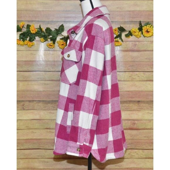 Plum Purple & White Plaid Shacket Jacket Ladies L Pockets Collared Warm Casual - Picture 7 of 12